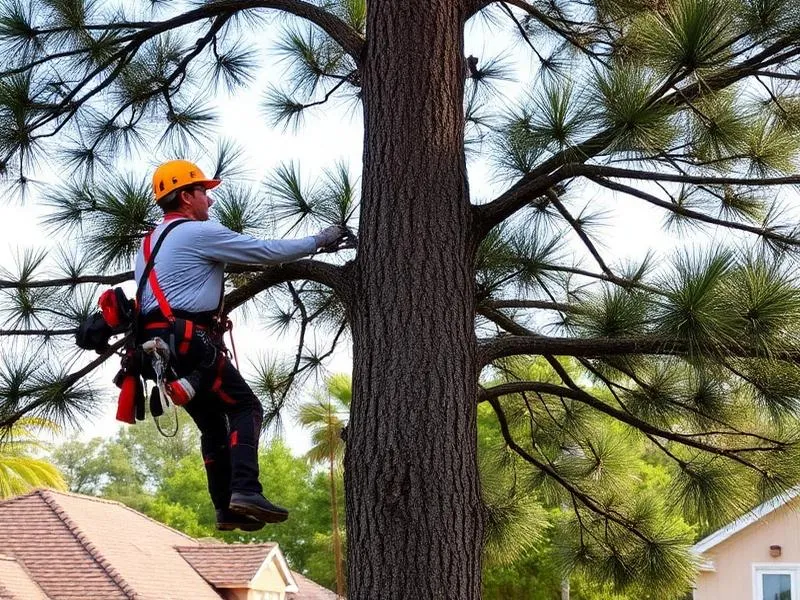 Arborist climbing and pruning a tall pine tree in Columbia, SC