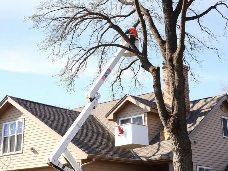 Bucket truck tree trimming away from a house roof in Columbia, SC
