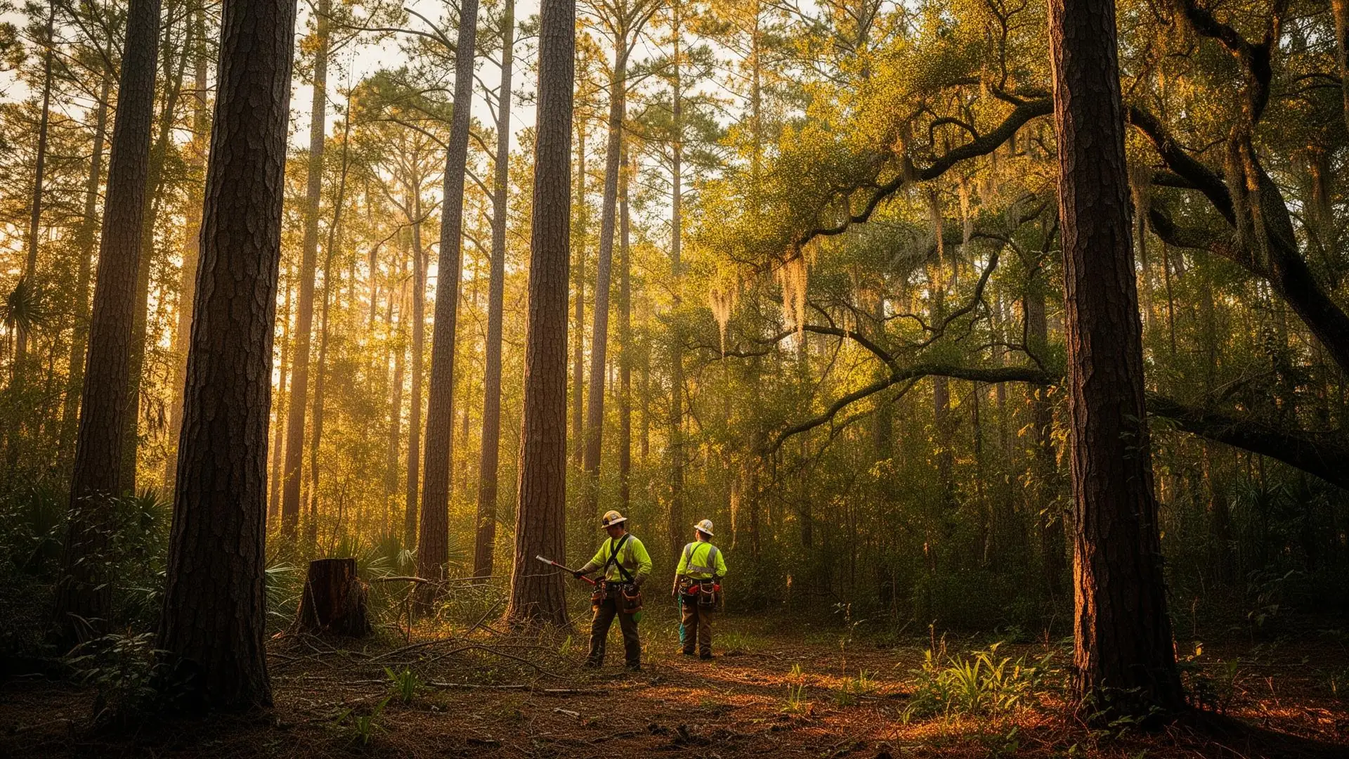 Certified arborists working in a Southern pine and oak forest near Columbia, SC