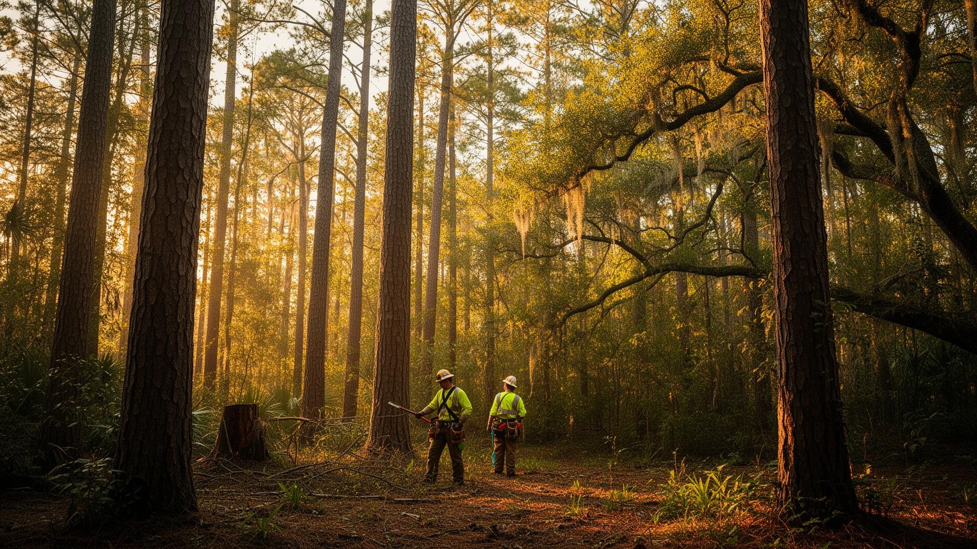 Certified arborists working in a Southern pine and oak forest near Columbia, SC